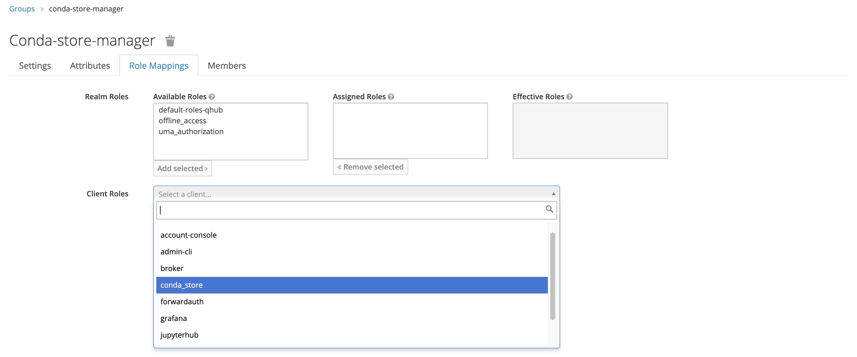 Keycloak group conda-store-manager form - role mappings tab focused with expanded client roles dropdown