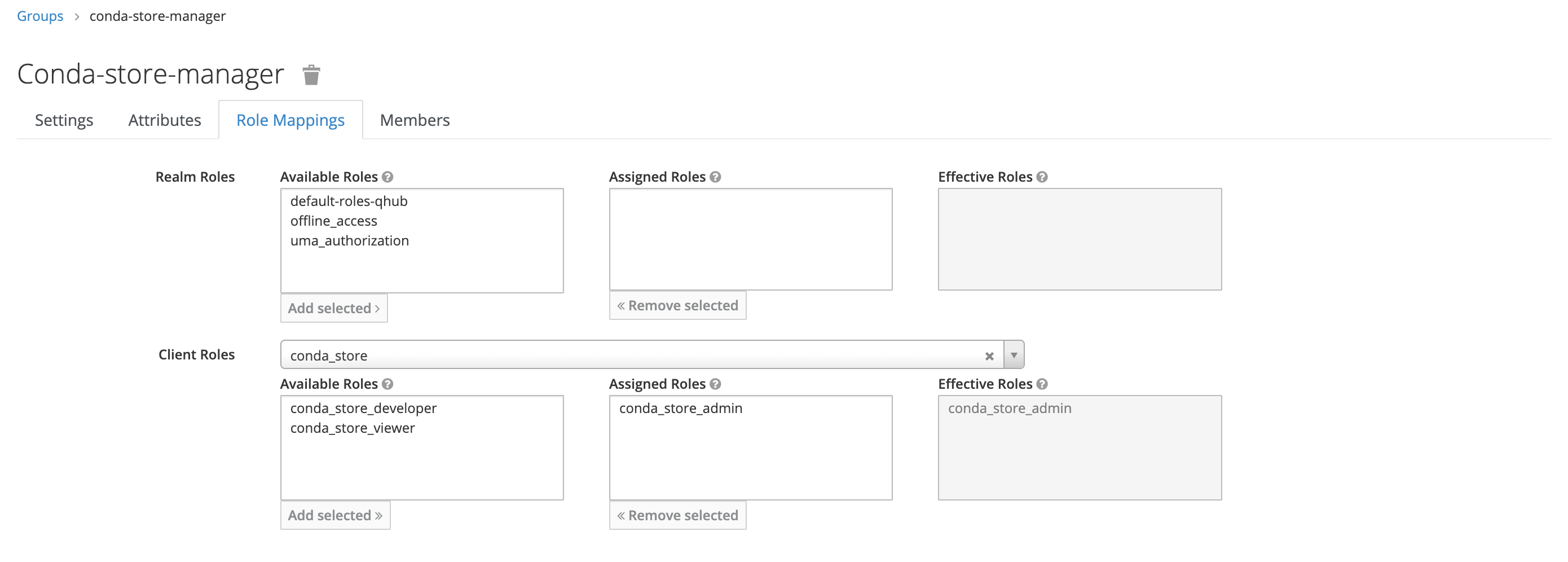 Keycloak group conda-store-manager form - role mappings tab focused 